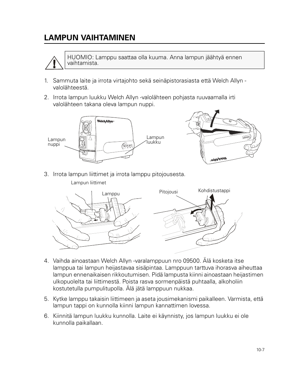 Lampun vaihtaminen | Welch Allyn 49506 Light Source - User Manual User Manual | Page 137 / 192