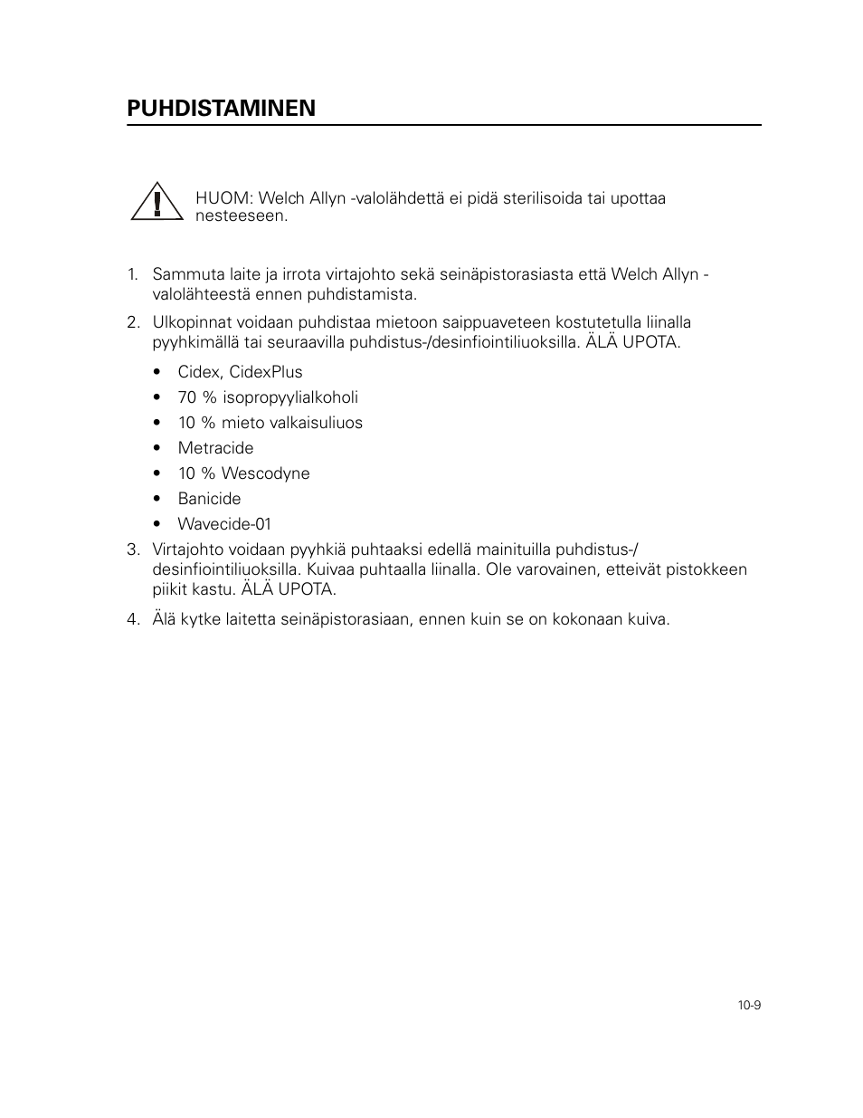 Puhdistaminen | Welch Allyn 49506 Light Source - User Manual User Manual | Page 139 / 192