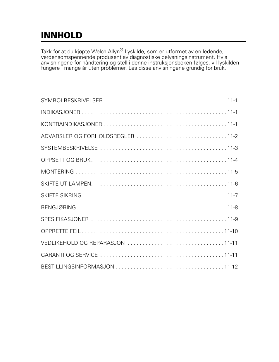 Innhold | Welch Allyn 49506 Light Source - User Manual User Manual | Page 145 / 192