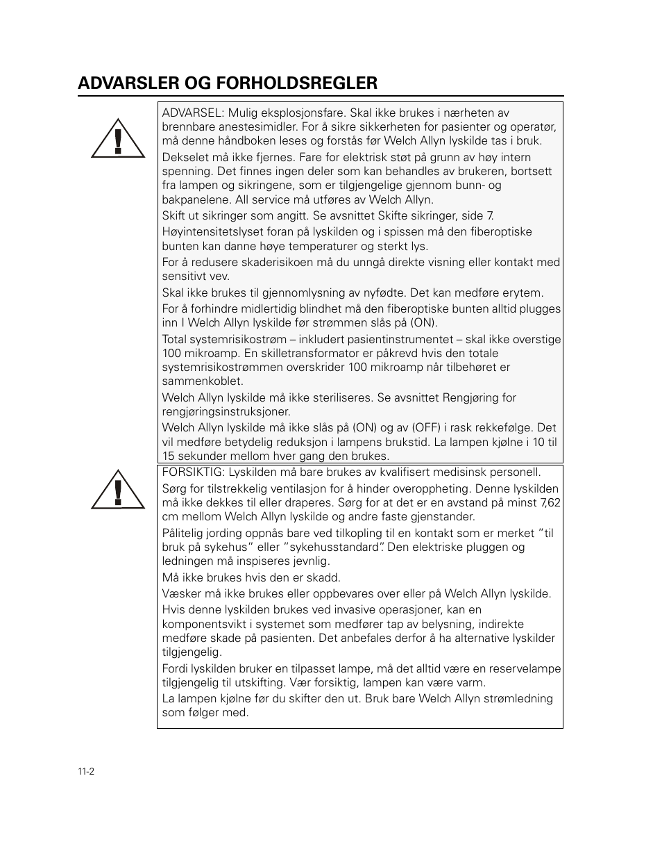 Advarsler og forholdsregler | Welch Allyn 49506 Light Source - User Manual User Manual | Page 148 / 192