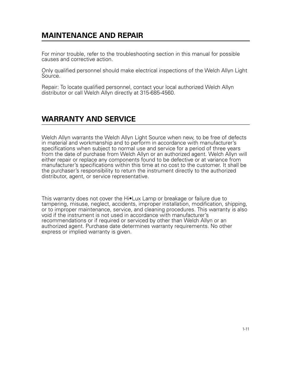 Maintenance and repair, Warranty and service | Welch Allyn 49506 Light Source - User Manual User Manual | Page 15 / 192