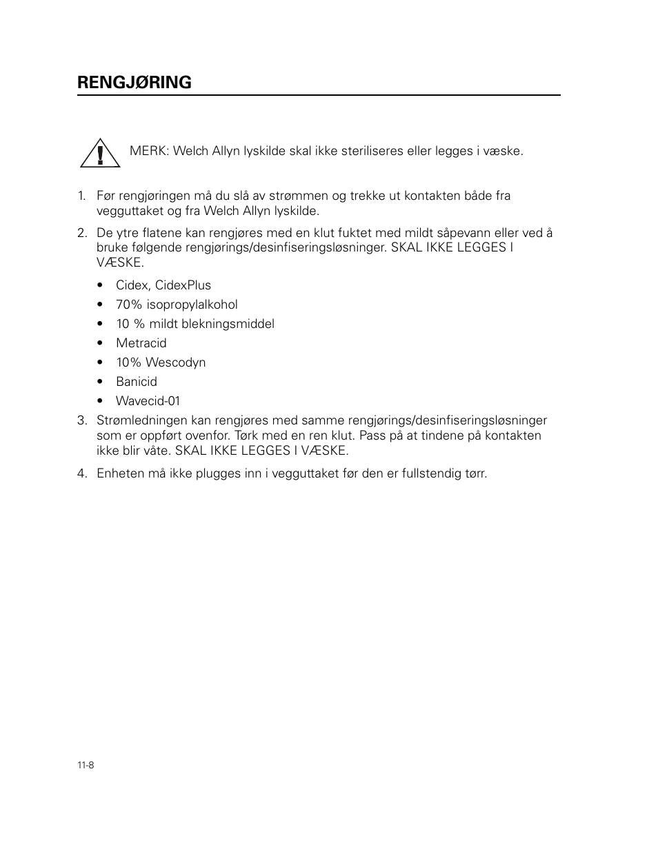 Rengjøring | Welch Allyn 49506 Light Source - User Manual User Manual | Page 154 / 192