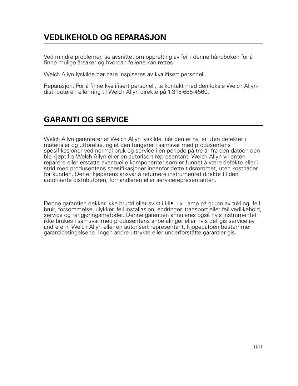 Vedlikehold og reparasjon, Garanti og service | Welch Allyn 49506 Light Source - User Manual User Manual | Page 157 / 192