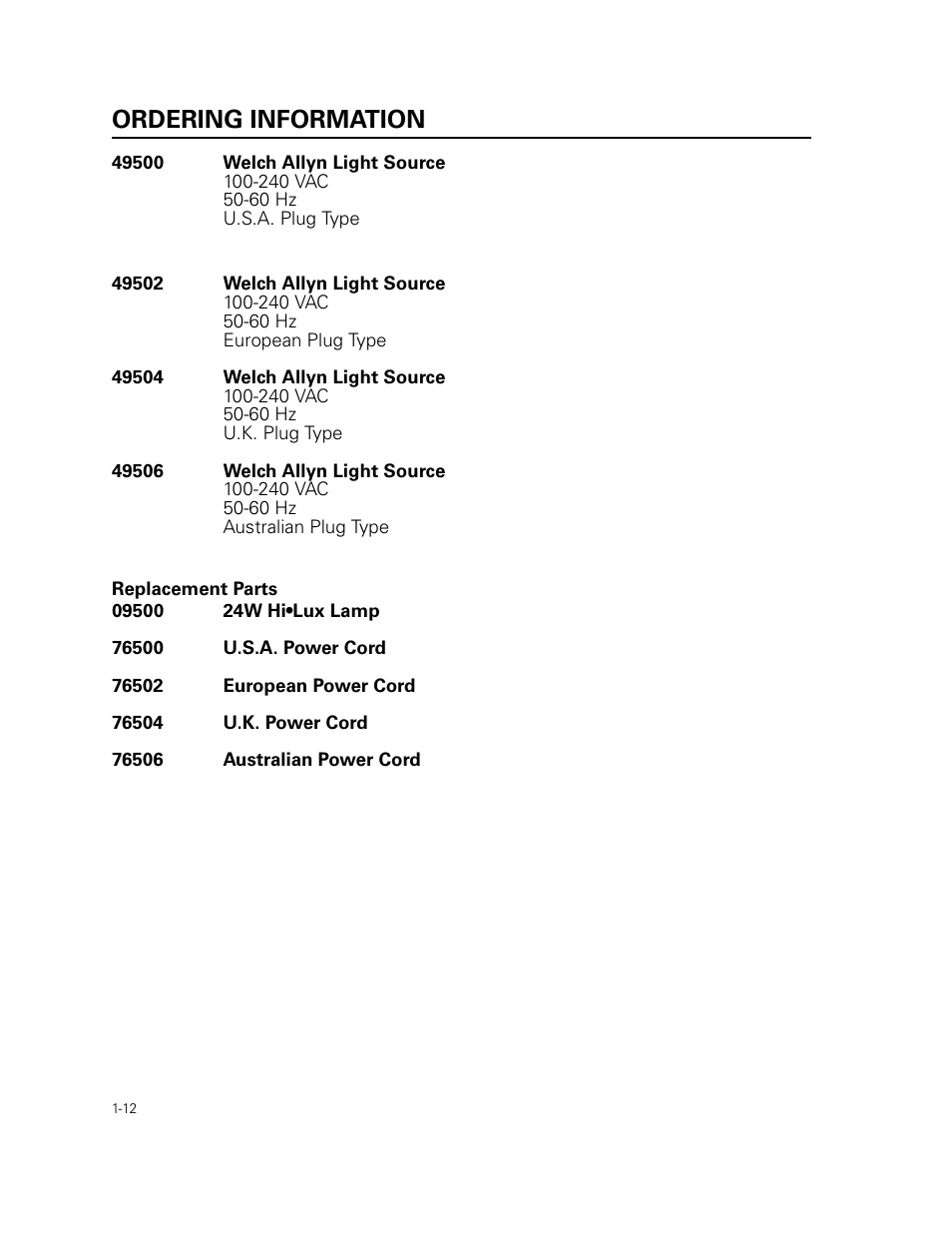Ordering information, Replacement parts | Welch Allyn 49506 Light Source - User Manual User Manual | Page 16 / 192