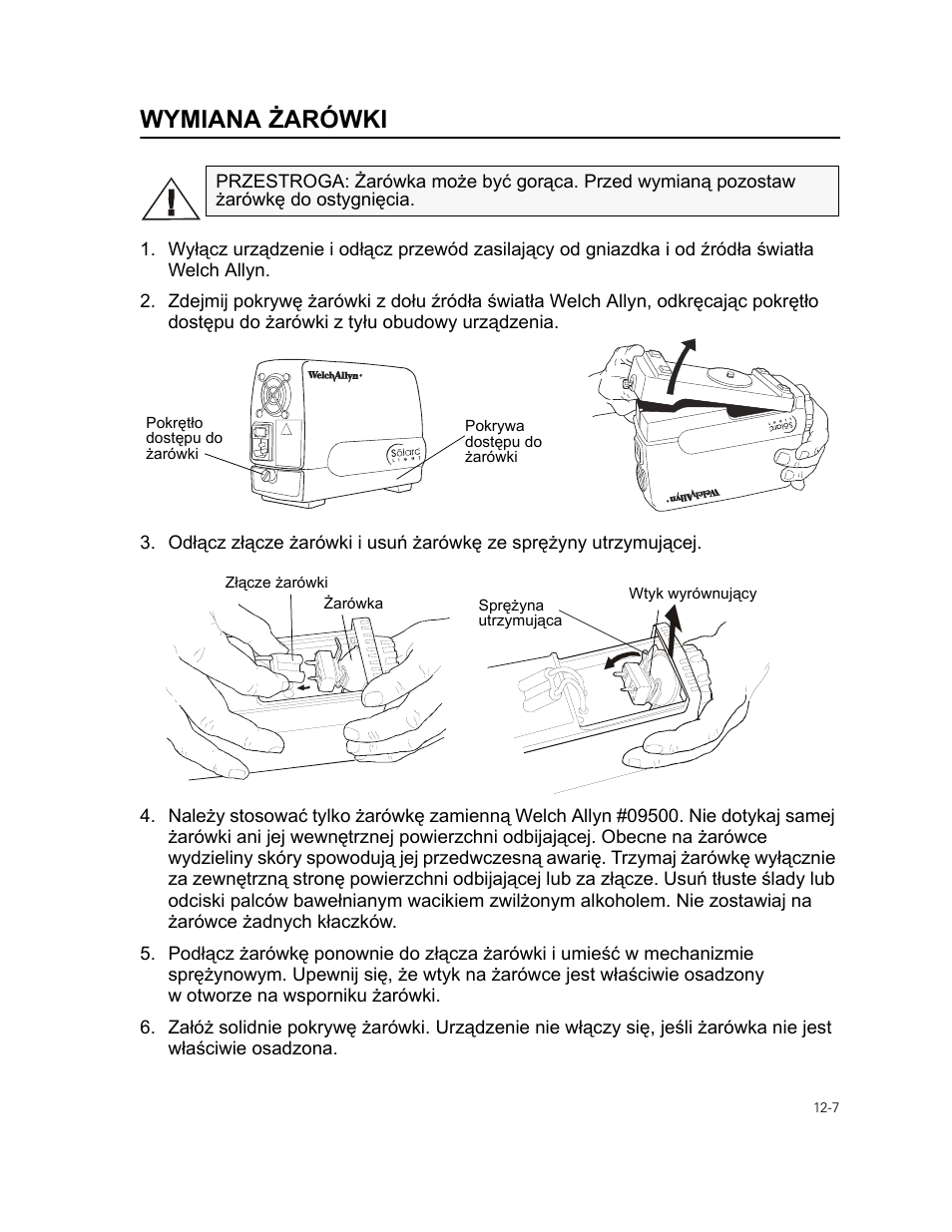 Wymiana ¯arówki, Wymiana żarówki | Welch Allyn 49506 Light Source - User Manual User Manual | Page 167 / 192