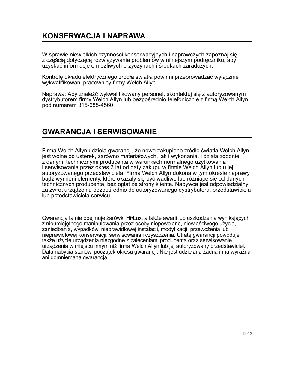 Konserwacja i naprawa, Gwarancja i serwisowanie | Welch Allyn 49506 Light Source - User Manual User Manual | Page 173 / 192