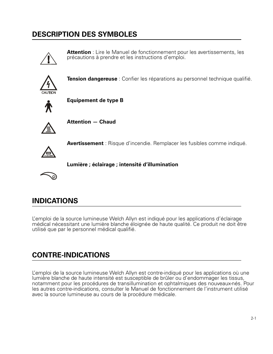 Description des symboles, Indications, Contre-indications | Welch Allyn 49506 Light Source - User Manual User Manual | Page 19 / 192