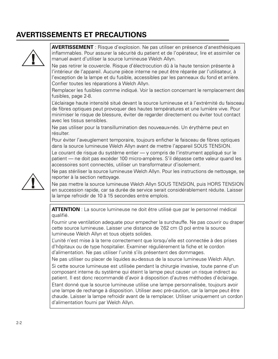 Avertissements et precautions | Welch Allyn 49506 Light Source - User Manual User Manual | Page 20 / 192