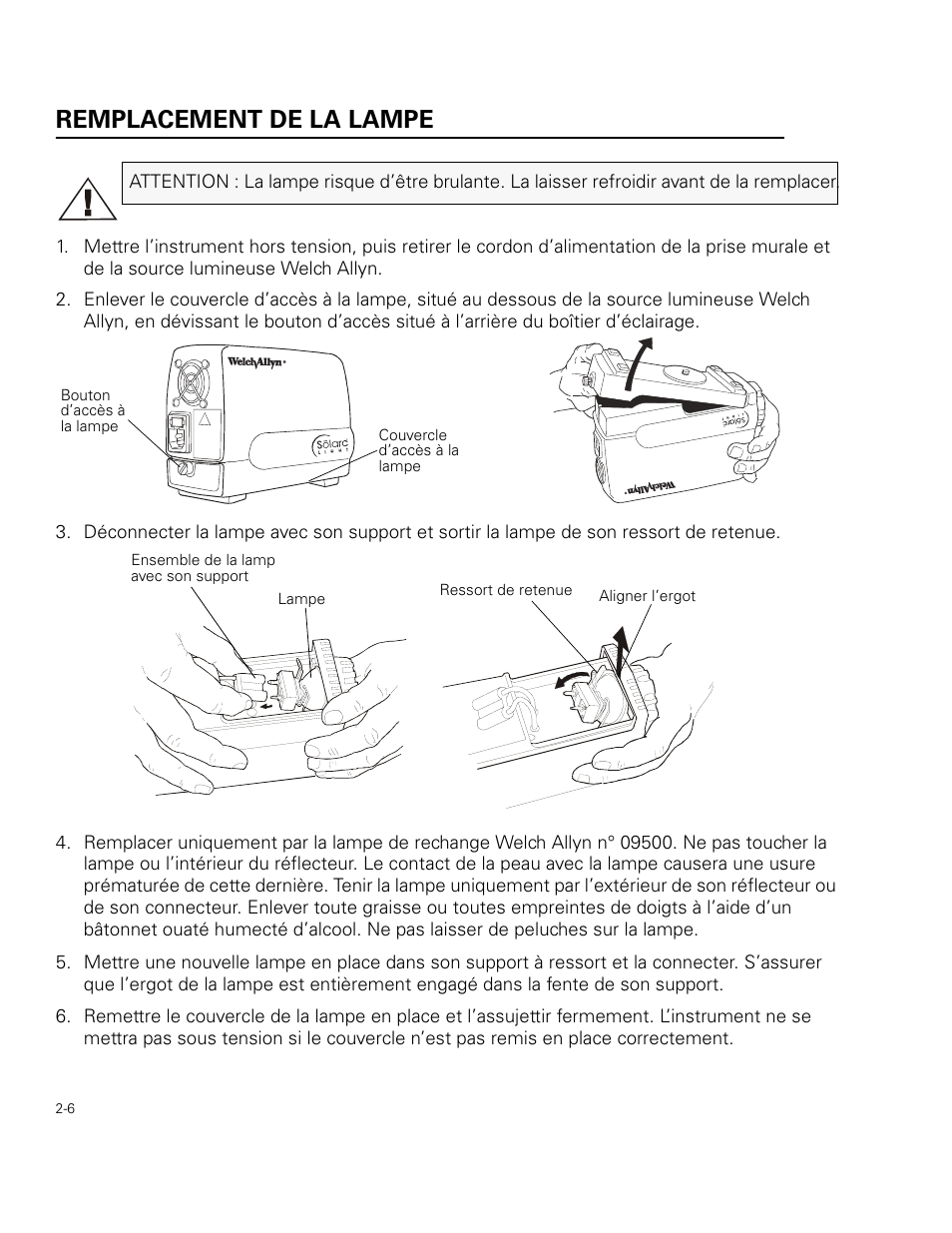 Remplacement de la lampe | Welch Allyn 49506 Light Source - User Manual User Manual | Page 24 / 192