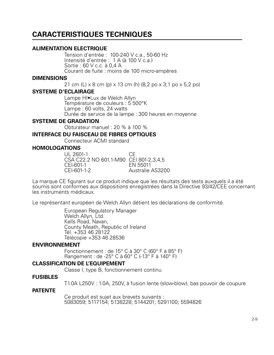 Caracteristiques techniques, Alimentation electrique, Dimensions | Systeme d’eclairage, Systeme de gradation, Interface du faisceau de fibres optiques, Homologations, Environnement, Classification de l’equipement, Fusibles | Welch Allyn 49506 Light Source - User Manual User Manual | Page 27 / 192