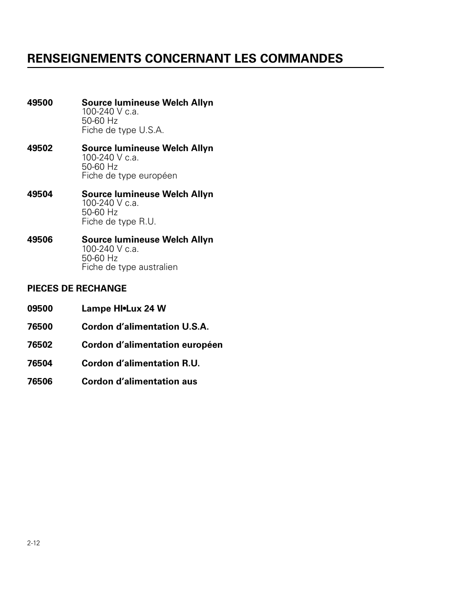 Renseignements concernant les commandes, Pieces de rechange | Welch Allyn 49506 Light Source - User Manual User Manual | Page 30 / 192