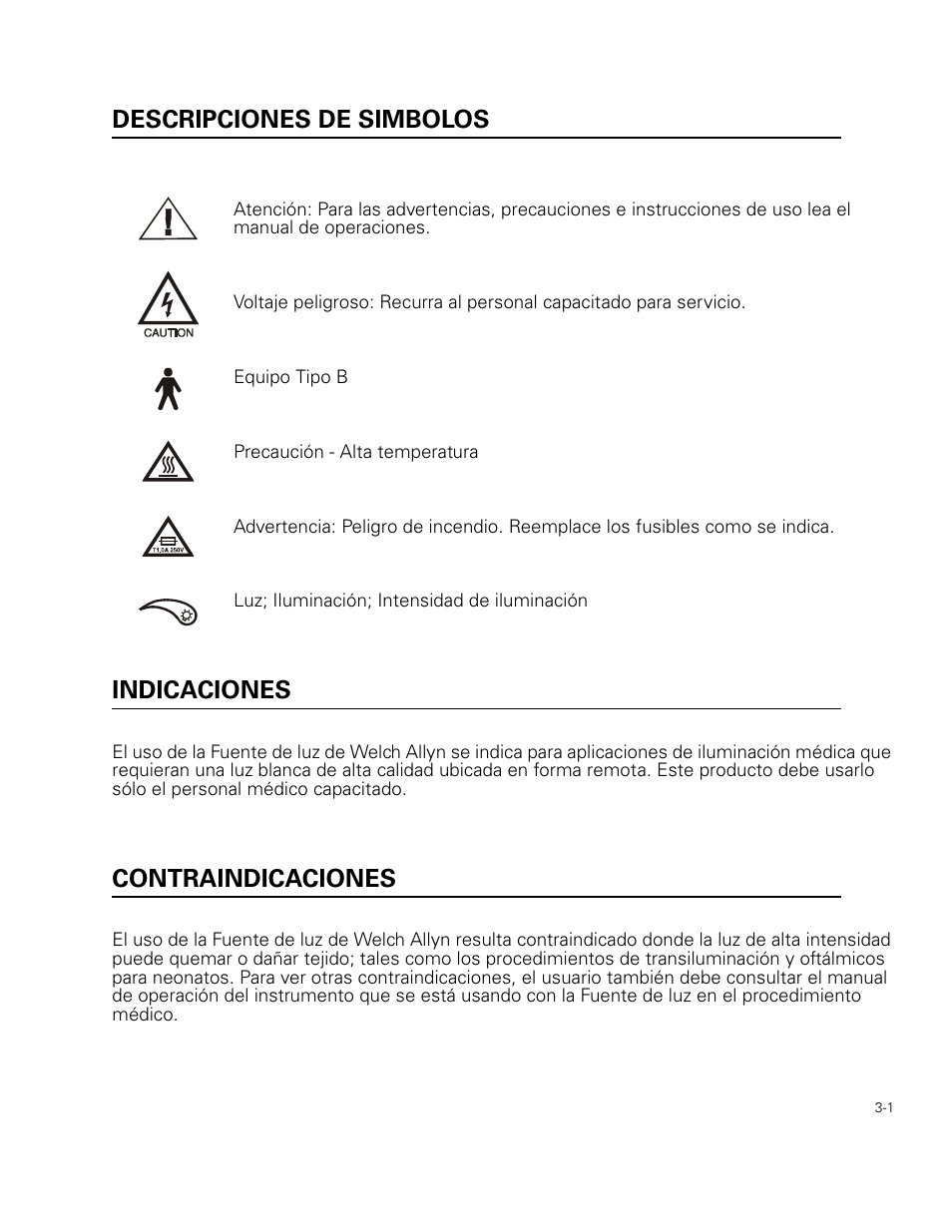 Descripciones de simbolos, Indicaciones, Contraindicaciones | Welch Allyn 49506 Light Source - User Manual User Manual | Page 33 / 192