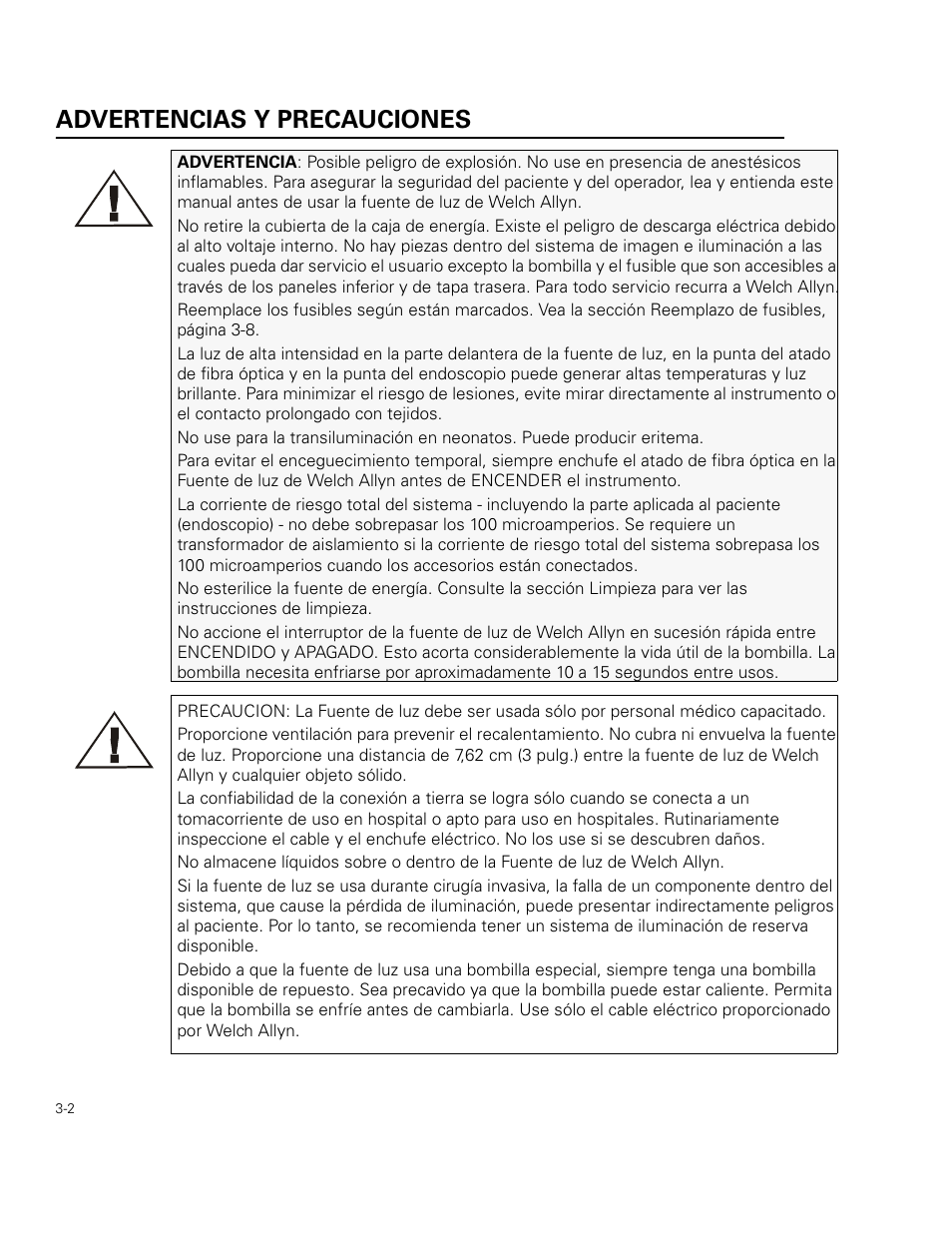 Advertencias y precauciones | Welch Allyn 49506 Light Source - User Manual User Manual | Page 34 / 192