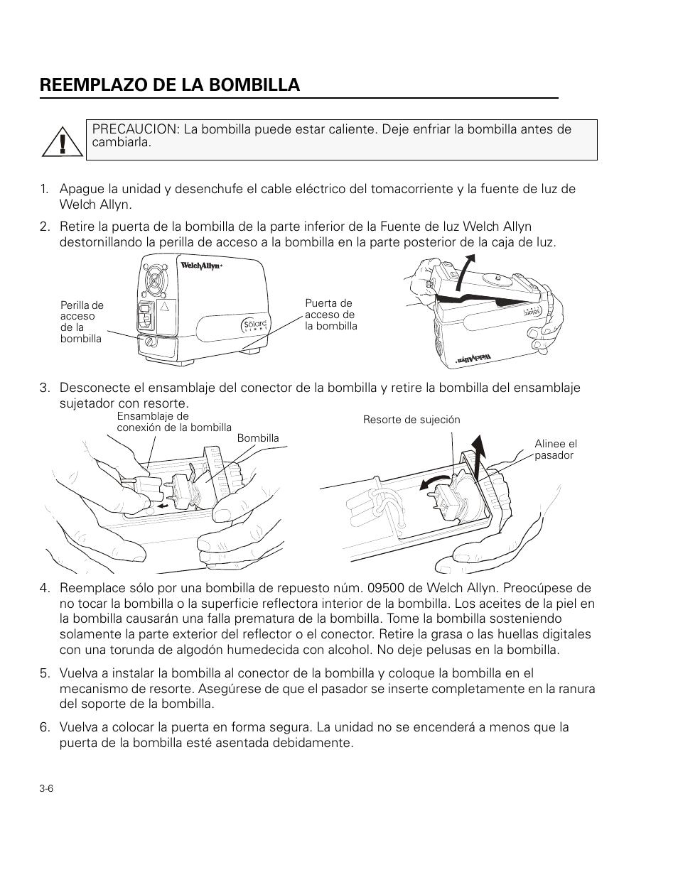 Reemplazo de la bombilla | Welch Allyn 49506 Light Source - User Manual User Manual | Page 38 / 192