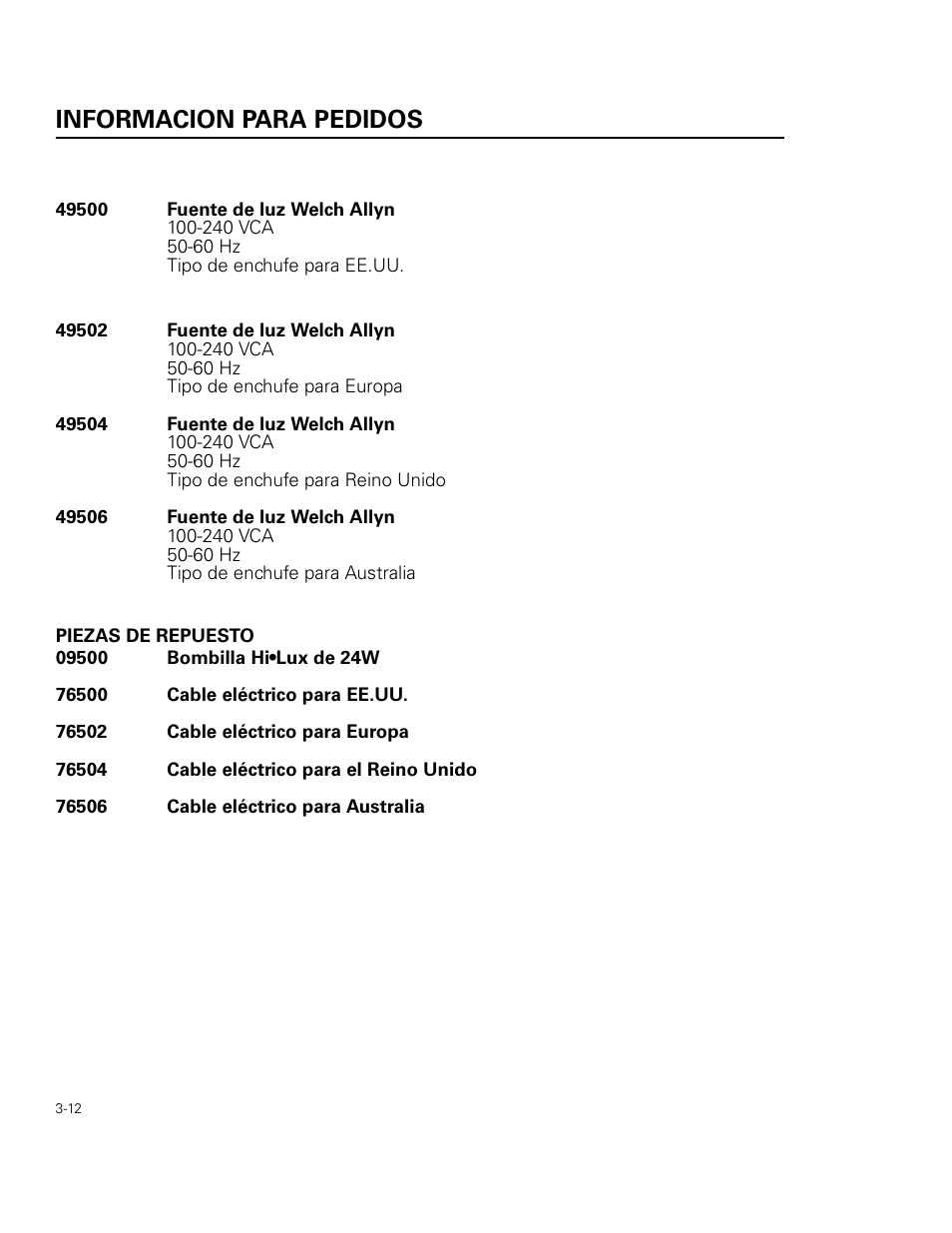 Informacion para pedidos, Piezas de repuesto | Welch Allyn 49506 Light Source - User Manual User Manual | Page 44 / 192