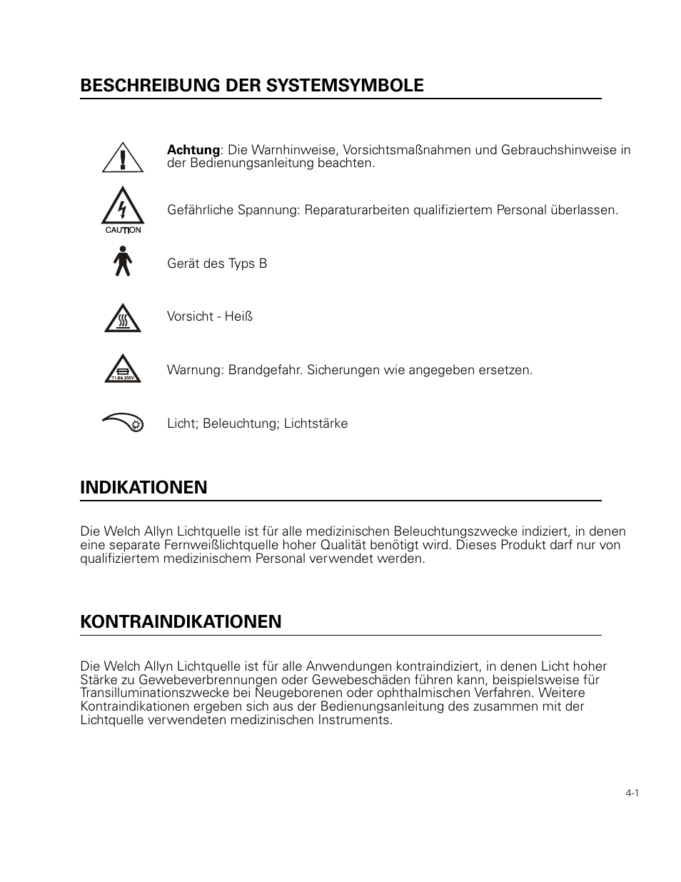 Beschreibung der systemsymbole, Indikationen, Kontraindikationen | Welch Allyn 49506 Light Source - User Manual User Manual | Page 47 / 192