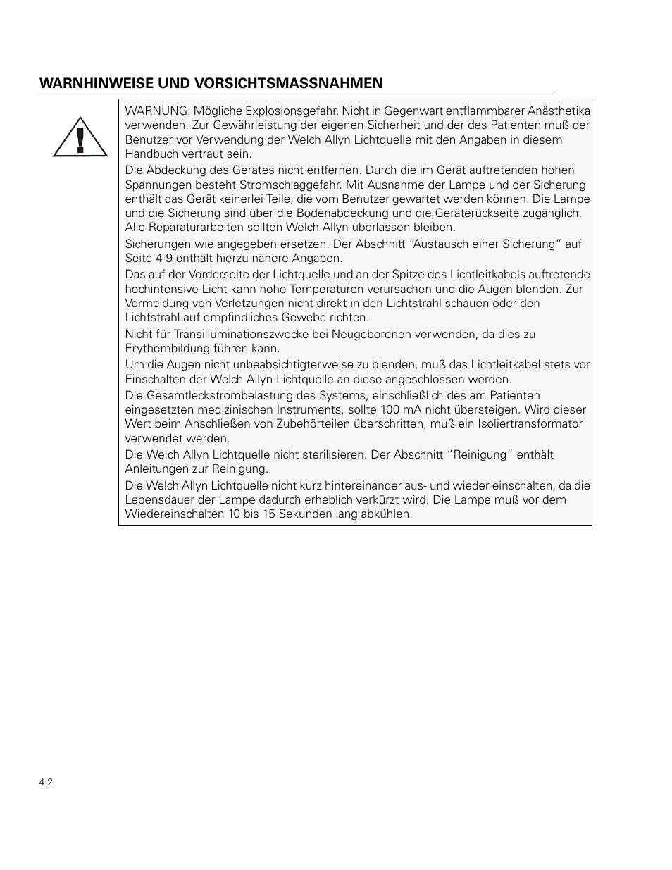 Warnhinweise und vorsichtsmassnahmen | Welch Allyn 49506 Light Source - User Manual User Manual | Page 48 / 192