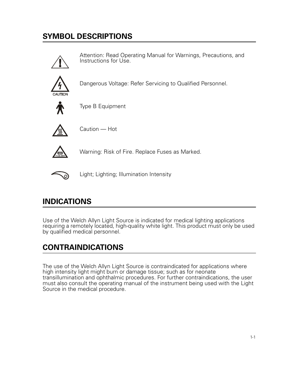 Symbol descriptions, Indications, Contraindications | Welch Allyn 49506 Light Source - User Manual User Manual | Page 5 / 192
