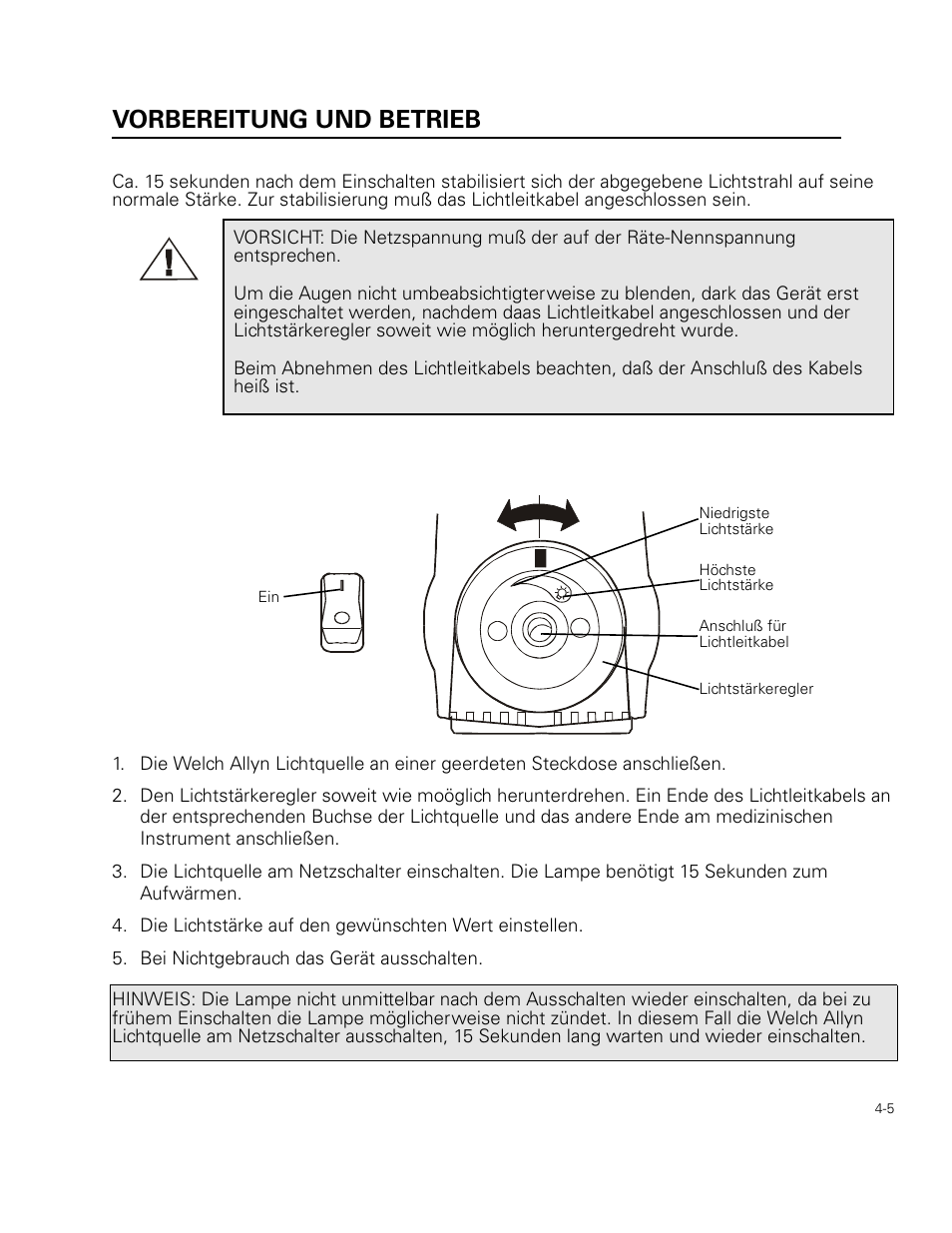 Vorbereitung und betrieb, Bei nichtgebrauch das gerät ausschalten | Welch Allyn 49506 Light Source - User Manual User Manual | Page 51 / 192