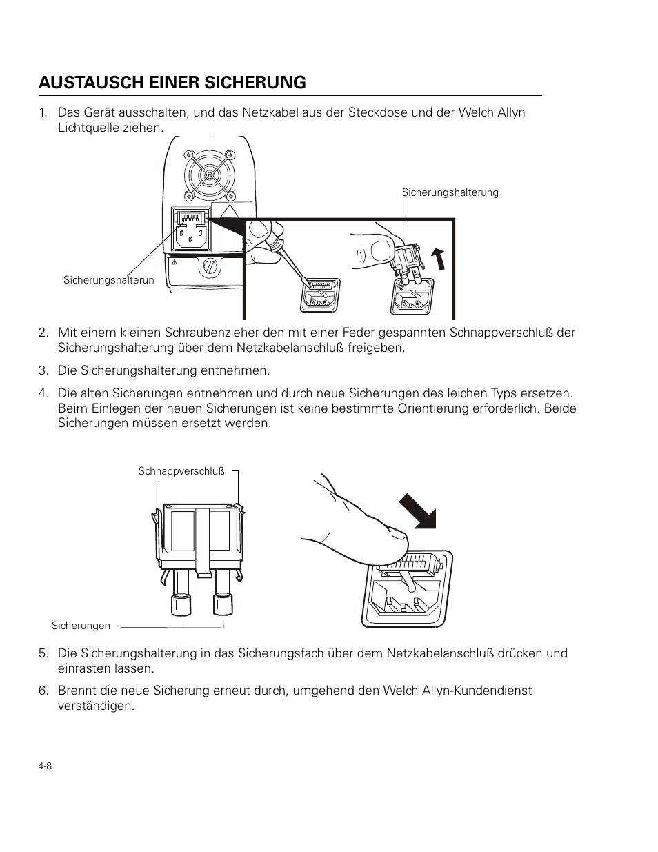 Austausch einer sicherung, Die sicherungshalterung entnehmen | Welch Allyn 49506 Light Source - User Manual User Manual | Page 54 / 192