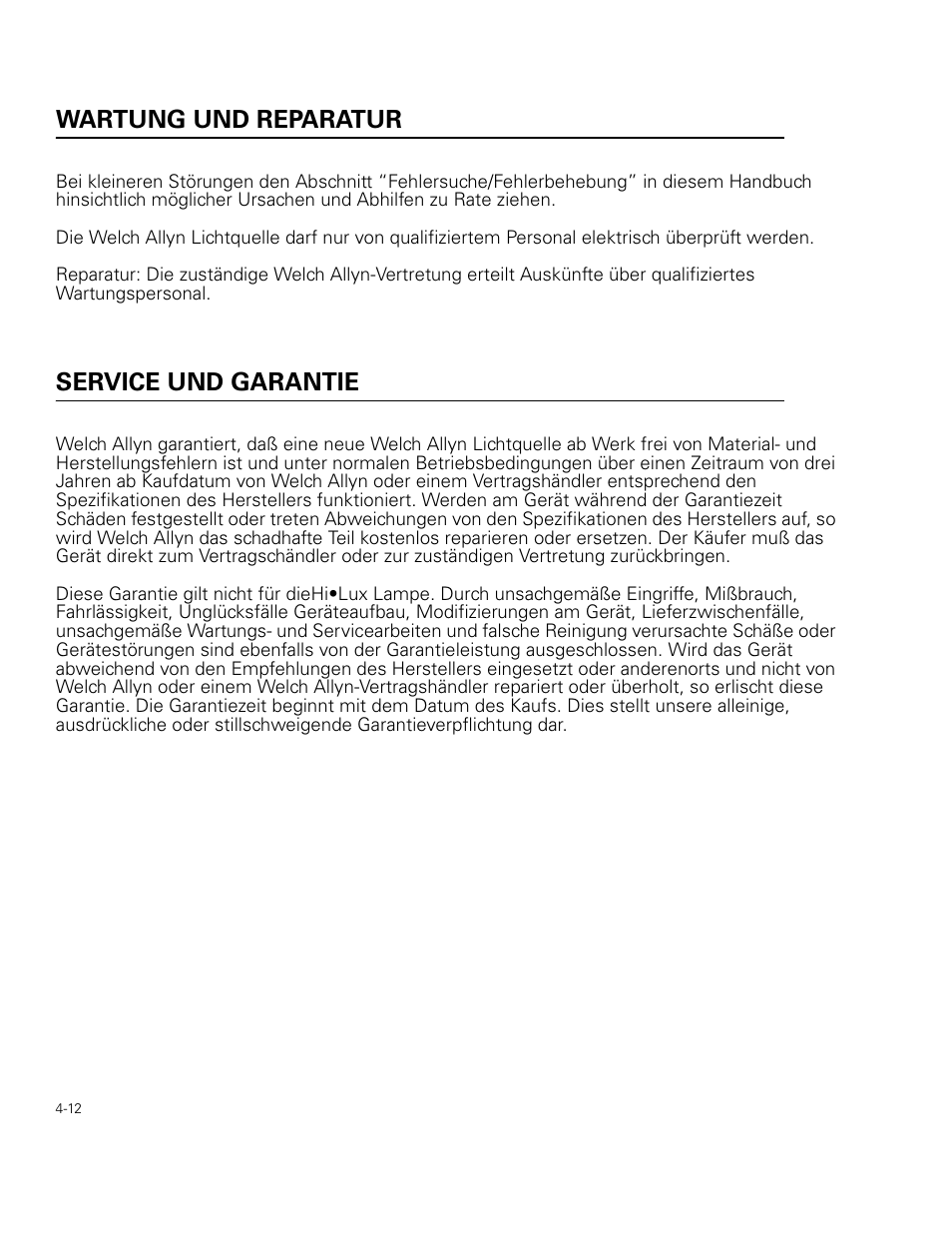 Wartung und reparatur, Service und garantie | Welch Allyn 49506 Light Source - User Manual User Manual | Page 58 / 192