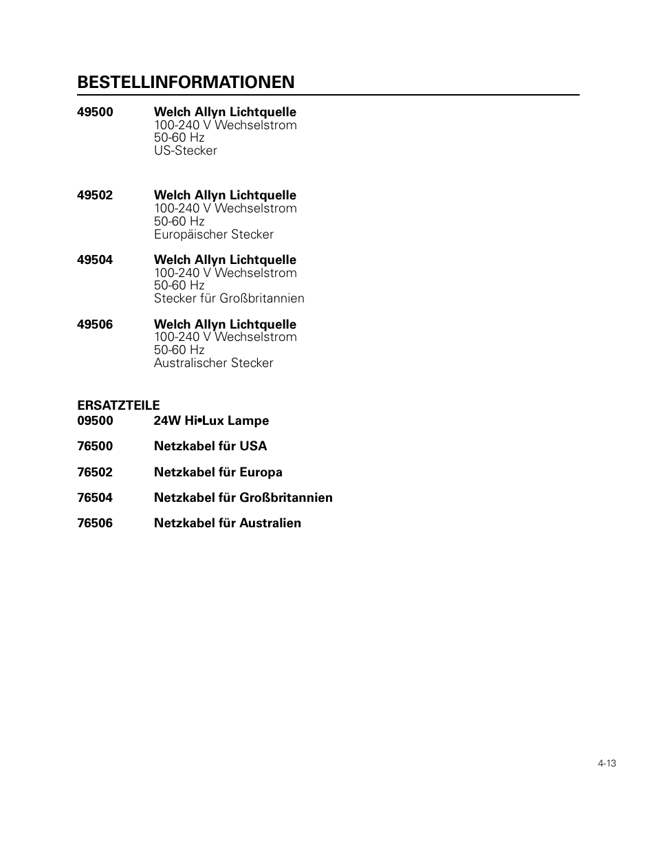 Bestellinformationen, Ersatzteile | Welch Allyn 49506 Light Source - User Manual User Manual | Page 59 / 192