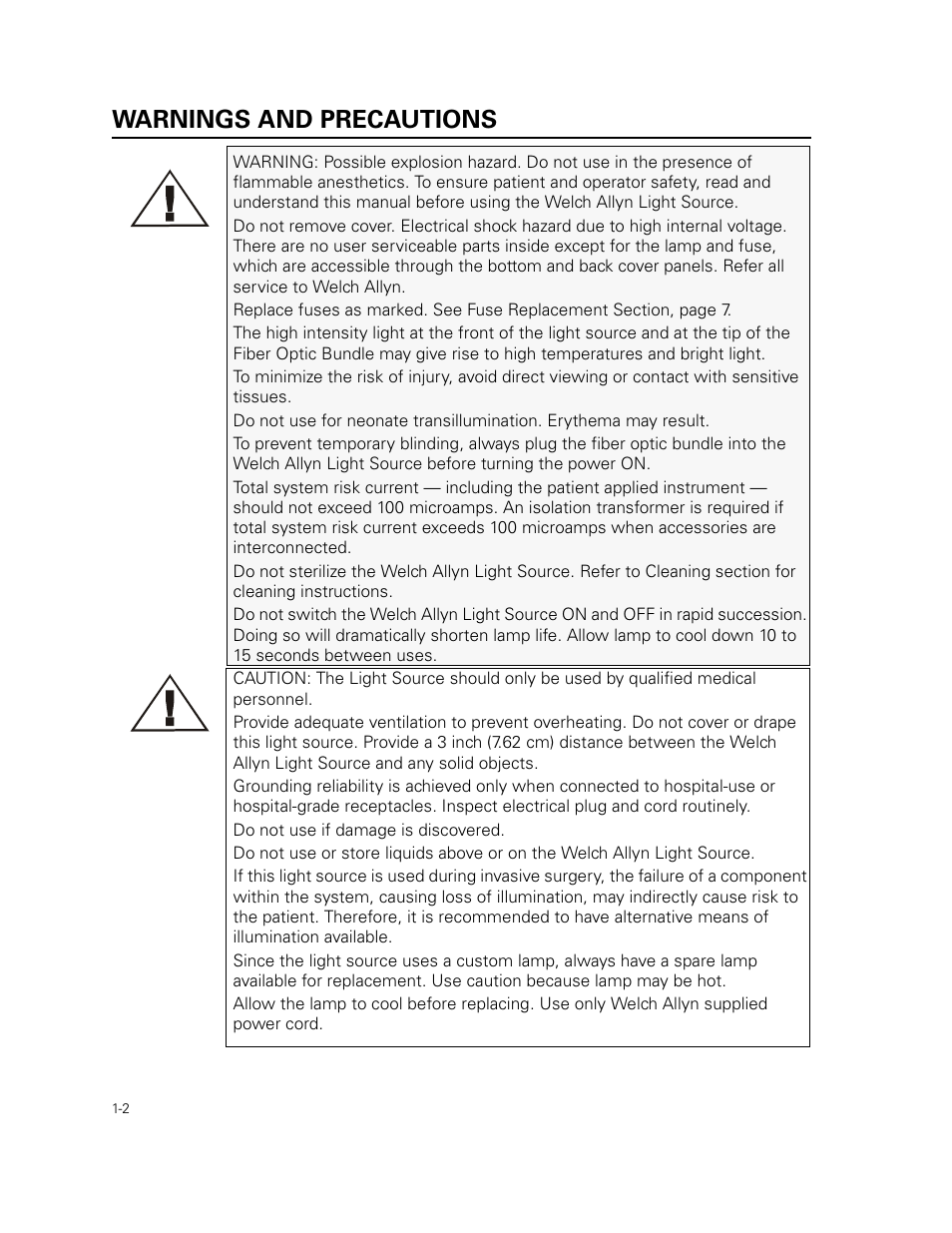 Warnings and precautions | Welch Allyn 49506 Light Source - User Manual User Manual | Page 6 / 192