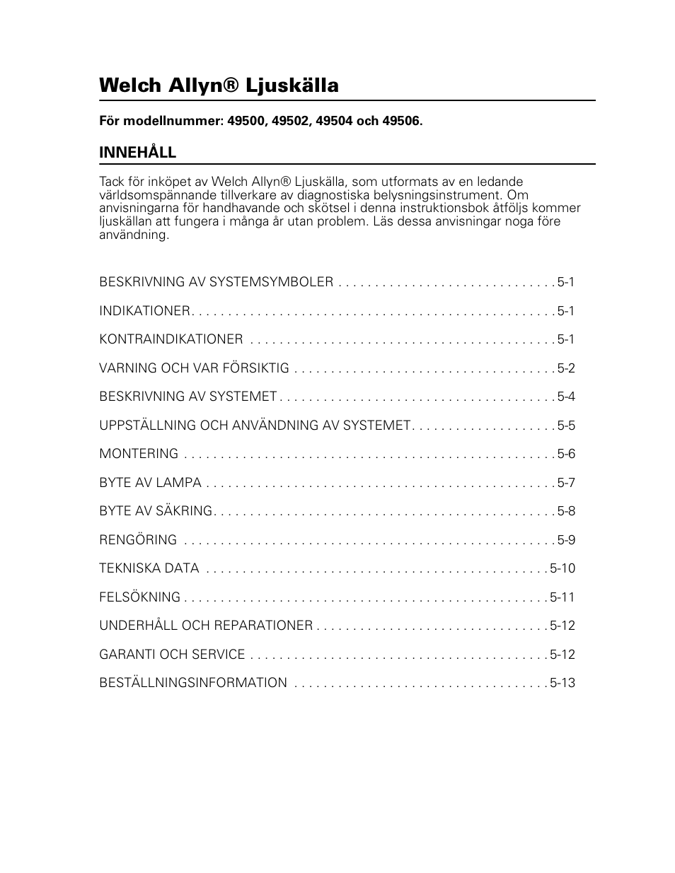 Welch allyn® ljuskälla | Welch Allyn 49506 Light Source - User Manual User Manual | Page 61 / 192