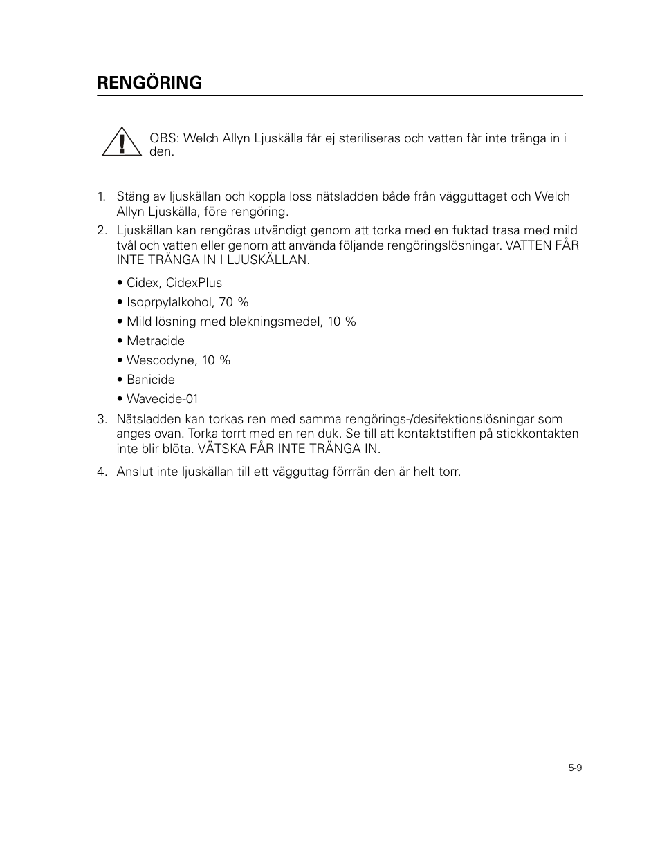 Rengöring | Welch Allyn 49506 Light Source - User Manual User Manual | Page 71 / 192