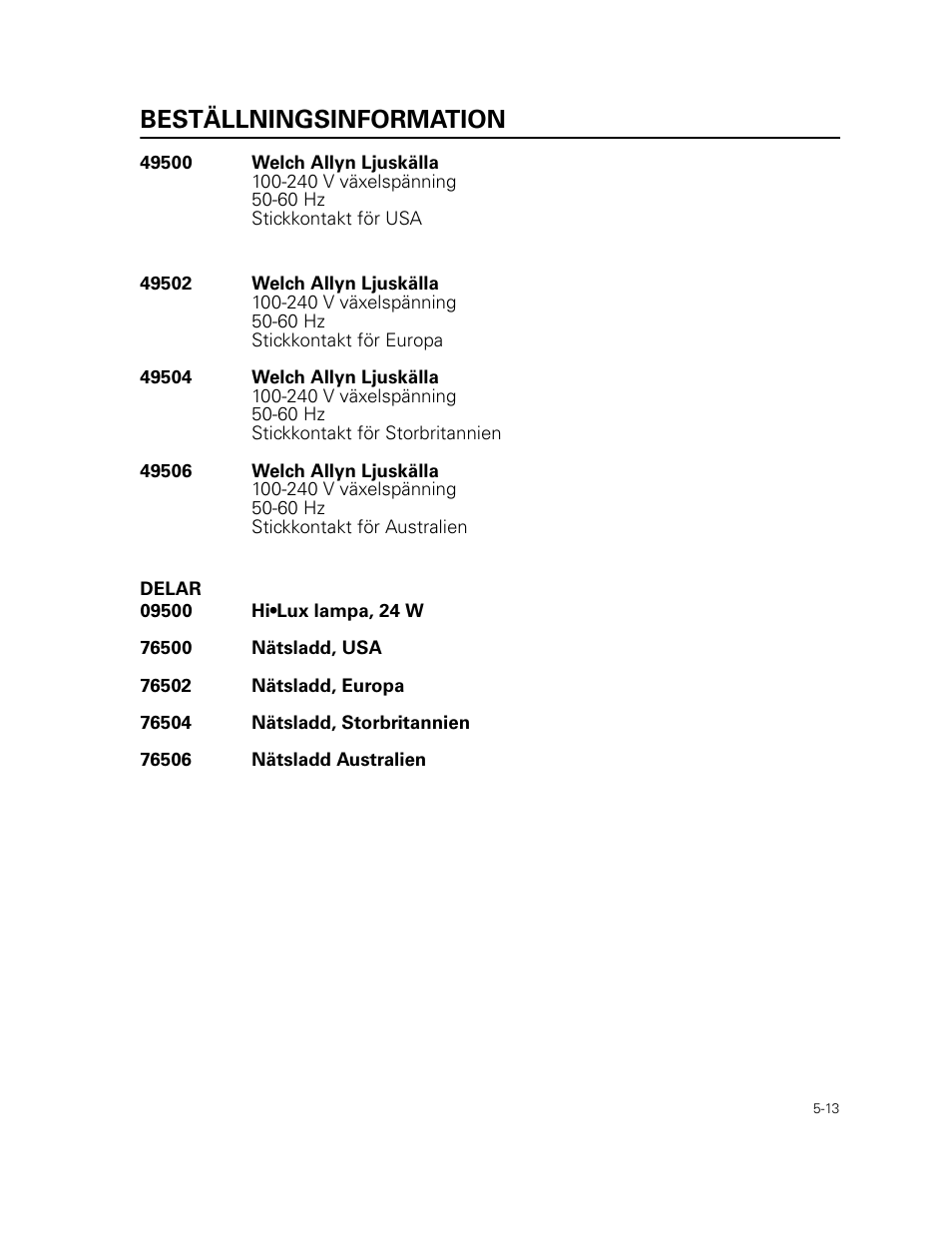 Beställningsinformation, Delar | Welch Allyn 49506 Light Source - User Manual User Manual | Page 75 / 192