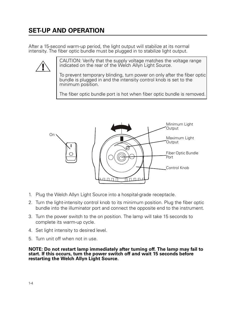 Set-up and operation, Set light intensity to desired level, Turn unit off when not in use | Welch Allyn 49506 Light Source - User Manual User Manual | Page 8 / 192