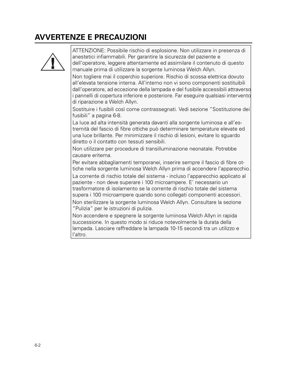 Avvertenze e precauzioni | Welch Allyn 49506 Light Source - User Manual User Manual | Page 80 / 192