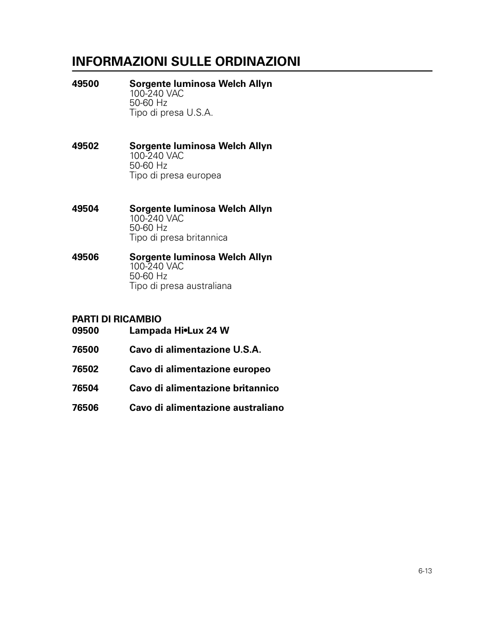 Informazioni sulle ordinazioni, Parti di ricambio | Welch Allyn 49506 Light Source - User Manual User Manual | Page 91 / 192