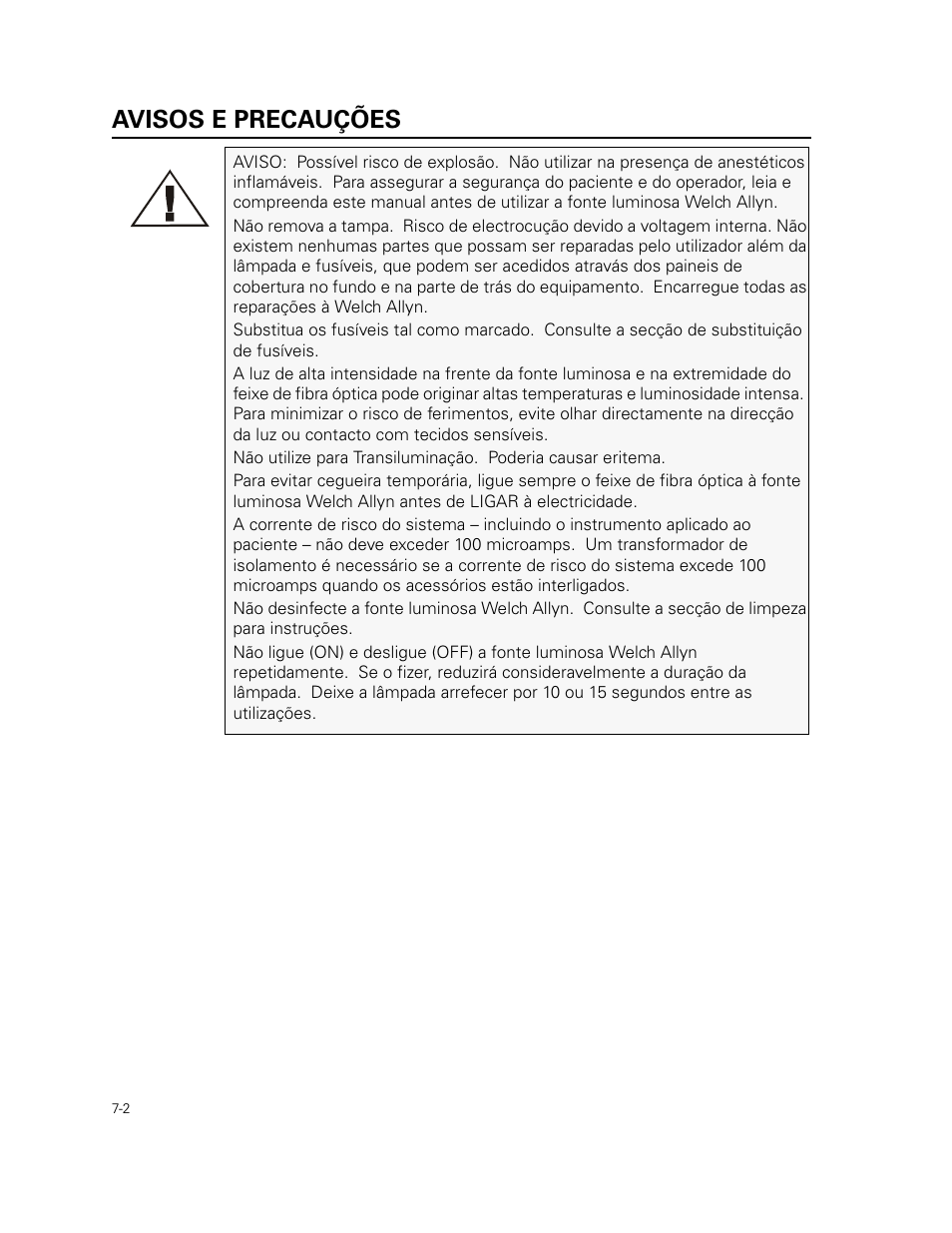 Avisos e precauções | Welch Allyn 49506 Light Source - User Manual User Manual | Page 96 / 192