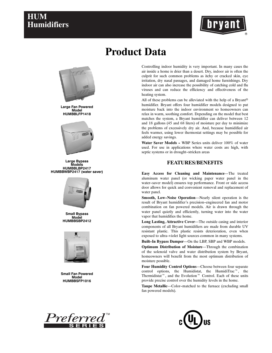 Bryant HUMBBLBP2417 User Manual | 6 pages