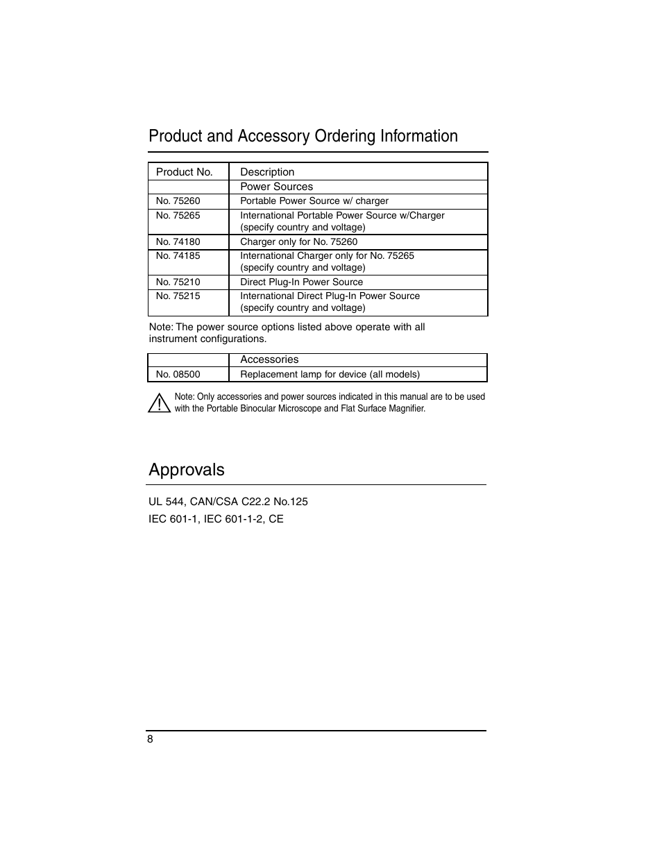Product and accessory ordering information, Approvals | Welch Allyn Lumiview Power Sources(Portable and Direct Lug-In) - User Manual User Manual | Page 10 / 40