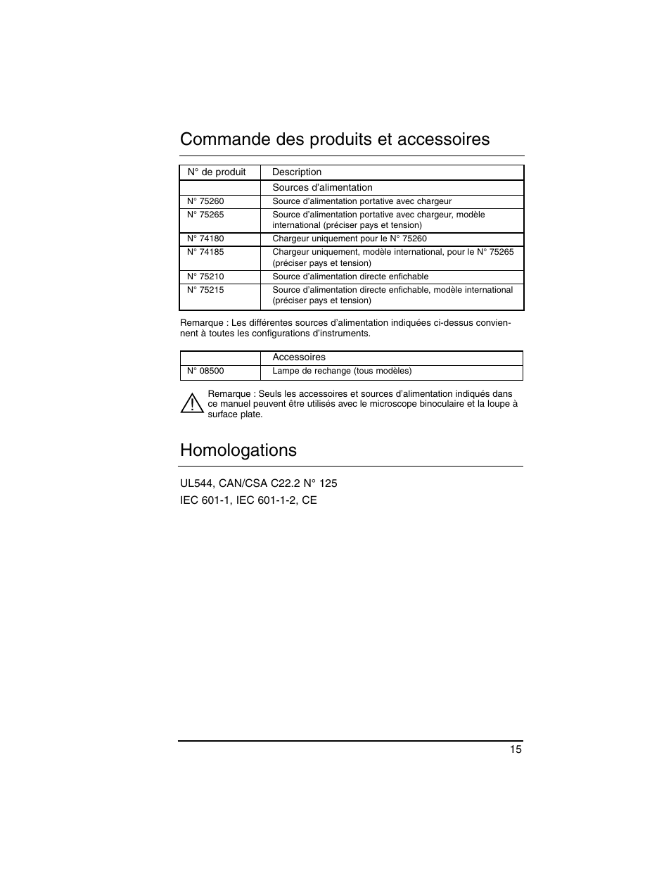 Homologations, Commande des produits et accessoires | Welch Allyn Lumiview Power Sources(Portable and Direct Lug-In) - User Manual User Manual | Page 17 / 40