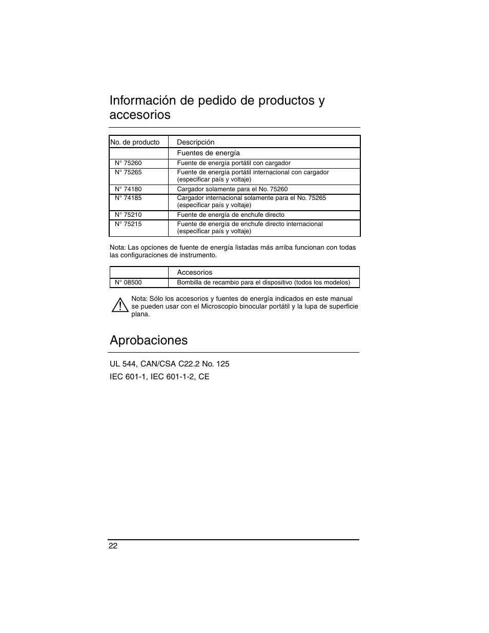 Información de pedido de productos y accesorios, Aprobaciones | Welch Allyn Lumiview Power Sources(Portable and Direct Lug-In) - User Manual User Manual | Page 24 / 40