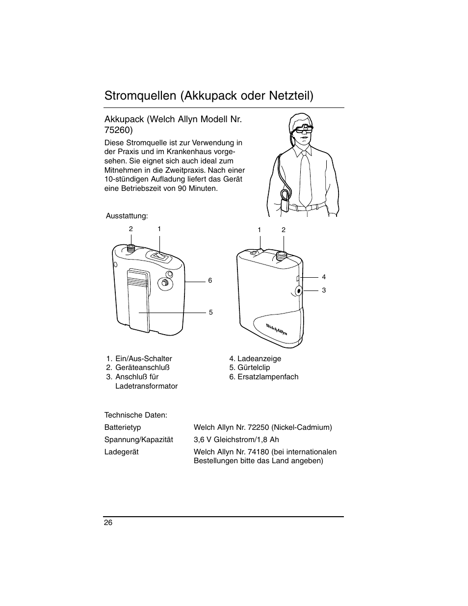 Stromquellen (akkupack oder netzteil) | Welch Allyn Lumiview Power Sources(Portable and Direct Lug-In) - User Manual User Manual | Page 28 / 40