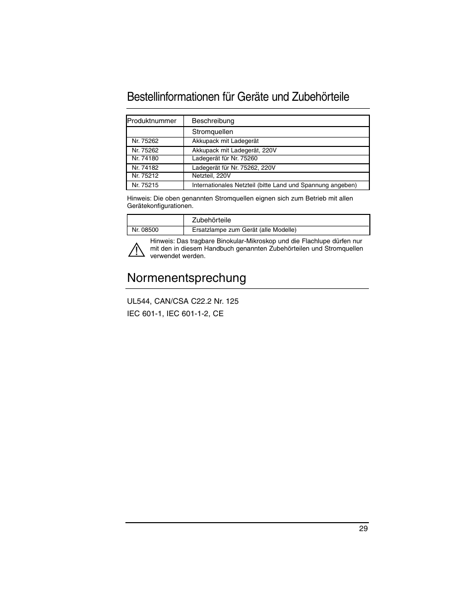 Normenentsprechung, Bestellinformationen für geräte und zubehörteile | Welch Allyn Lumiview Power Sources(Portable and Direct Lug-In) - User Manual User Manual | Page 31 / 40