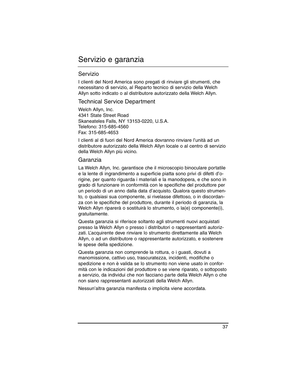 Servizio e garanzia | Welch Allyn Lumiview Power Sources(Portable and Direct Lug-In) - User Manual User Manual | Page 39 / 40