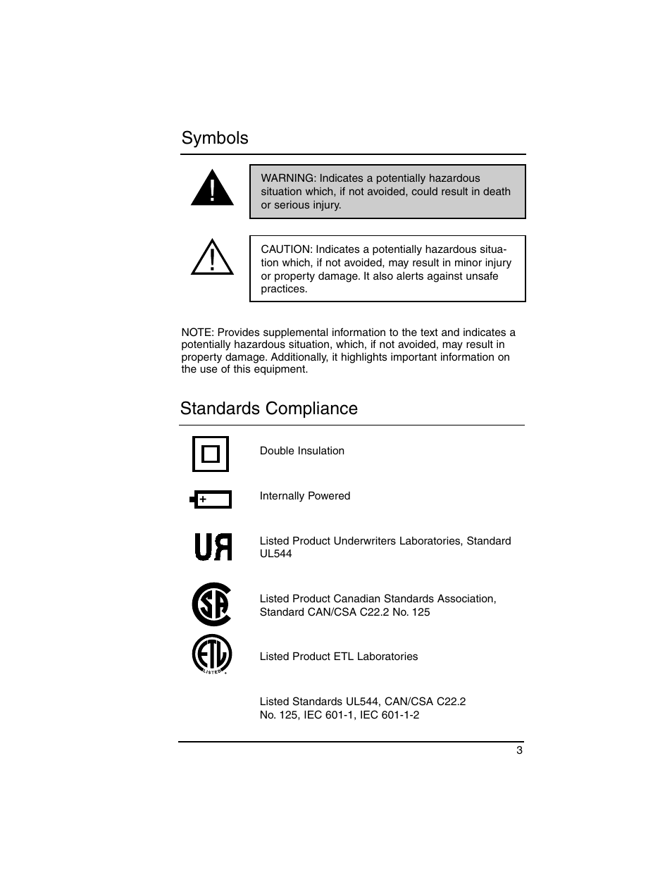Standards compliance, Symbols | Welch Allyn Lumiview Power Sources(Portable and Direct Lug-In) - User Manual User Manual | Page 5 / 40