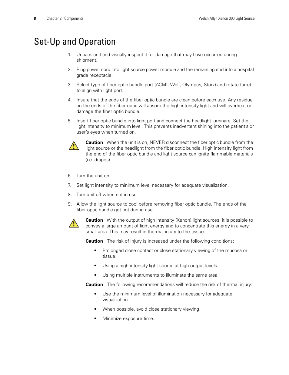 Set-up and operation | Welch Allyn XENON 300 LIGHT SOURCE - User Manual User Manual | Page 12 / 22
