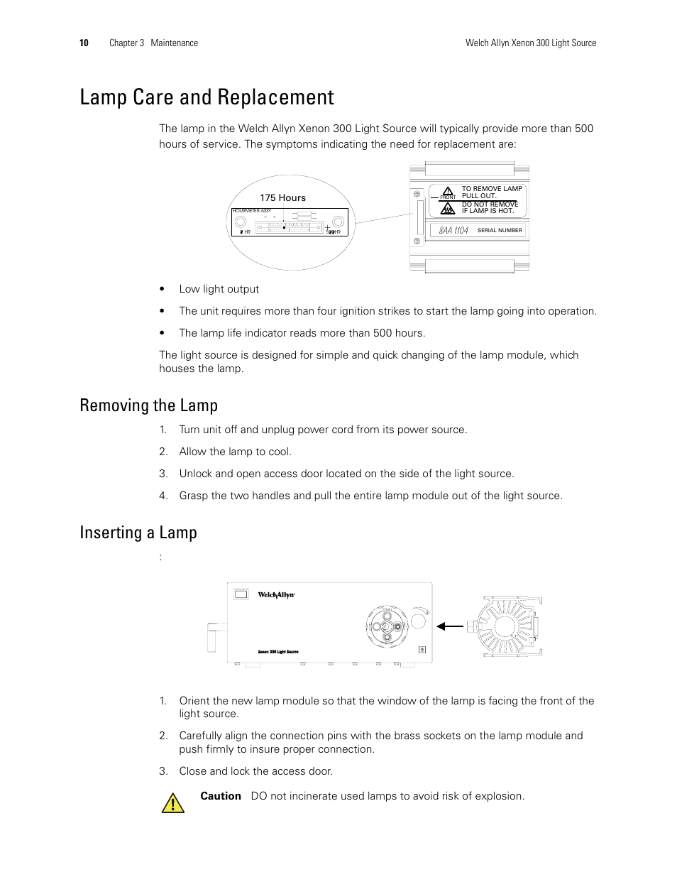 Lamp care and replacement, Removing the lamp, Inserting a lamp | Welch Allyn XENON 300 LIGHT SOURCE - User Manual User Manual | Page 14 / 22