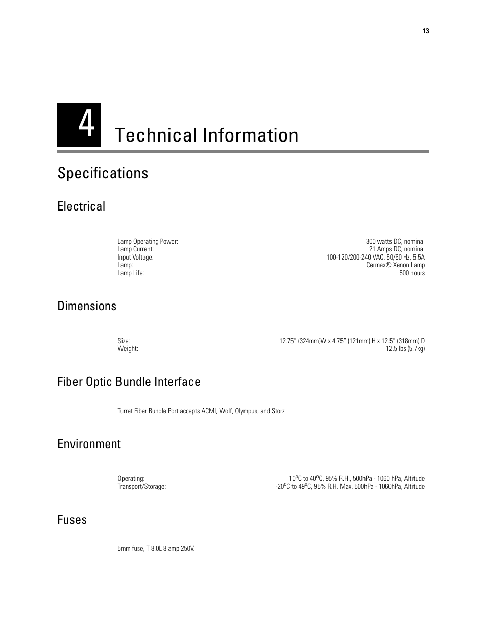 Technical information, Specifications | Welch Allyn XENON 300 LIGHT SOURCE - User Manual User Manual | Page 17 / 22
