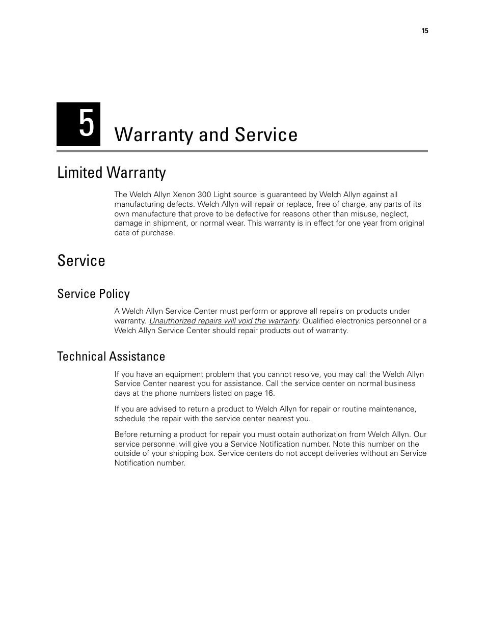 Warranty and service, Limited warranty, Service | Welch Allyn XENON 300 LIGHT SOURCE - User Manual User Manual | Page 19 / 22