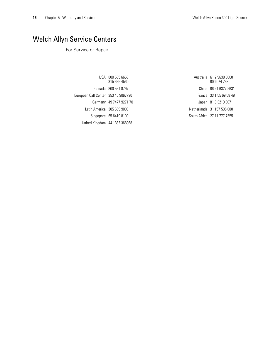 Welch allyn service centers | Welch Allyn XENON 300 LIGHT SOURCE - User Manual User Manual | Page 20 / 22