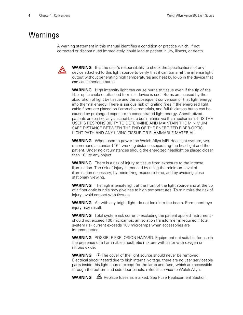 Warnings | Welch Allyn XENON 300 LIGHT SOURCE - User Manual User Manual | Page 8 / 22