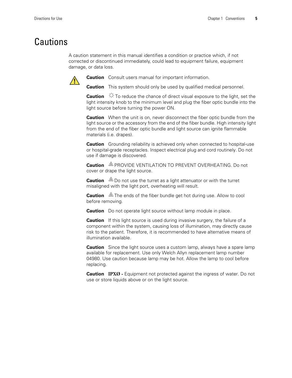Cautions | Welch Allyn XENON 300 LIGHT SOURCE - User Manual User Manual | Page 9 / 22