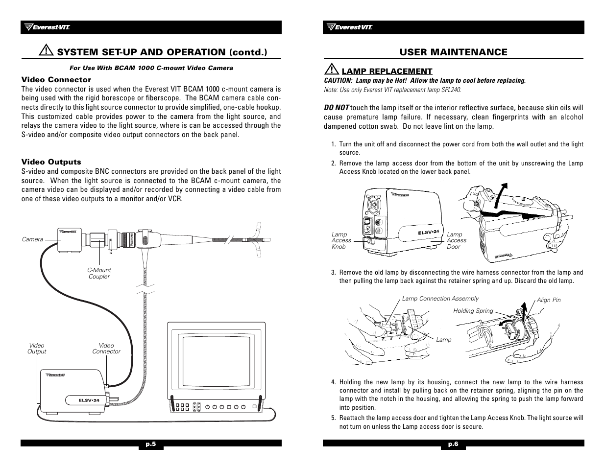 System set-up and operation (contd.), User maintenance | Welch Allyn ELSV-24 Hi-Lux Light Source - User Manual User Manual | Page 8 / 8